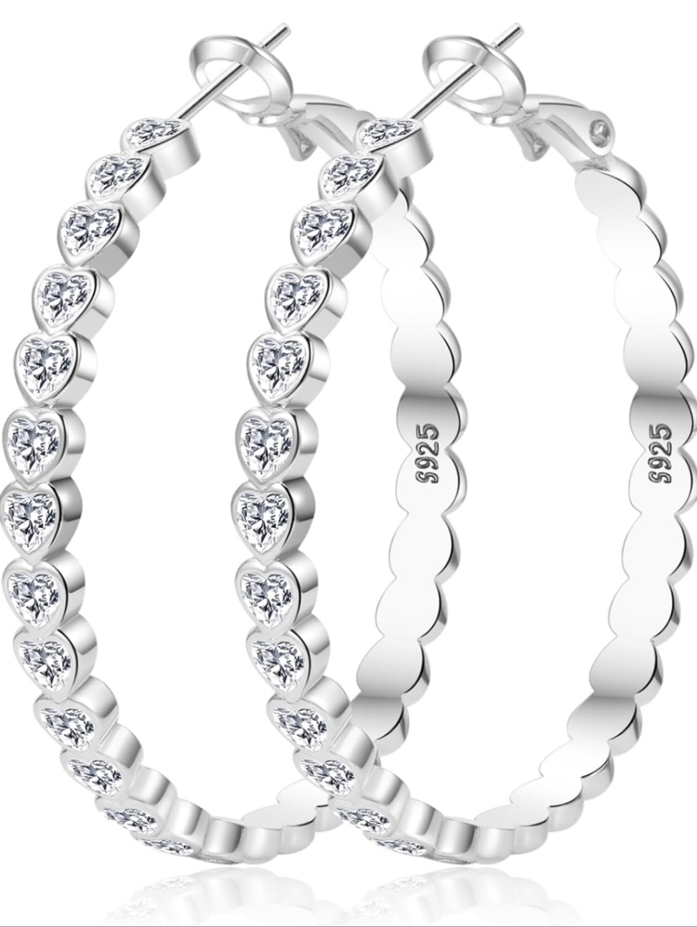 Sterling Silver Heart CZ Hoop Earrings - Silver